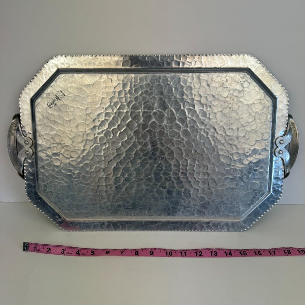 Vtg Deer‎ Geese Trade Continental Hand Wrought Hammered Aluminum Tray w Handles - Picture 4 of 11